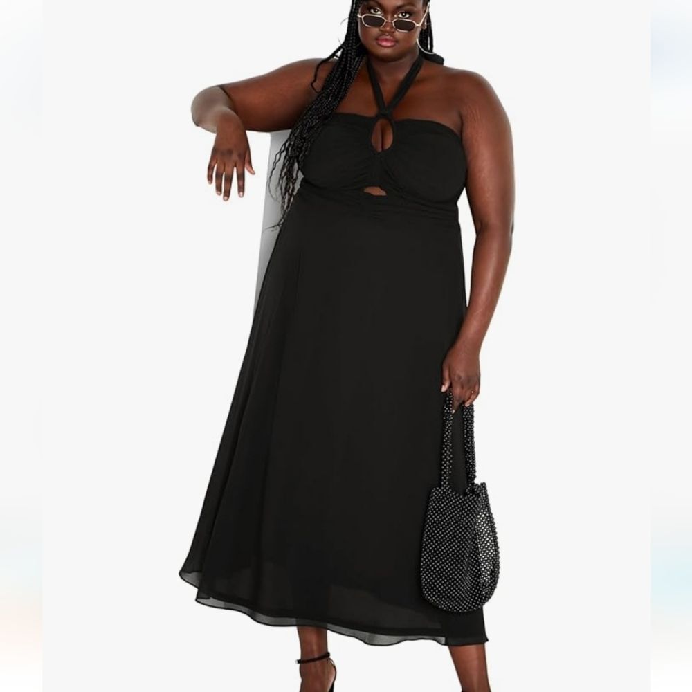City Chic black everlee front cut out tie halter flattering maxi dress size xxl